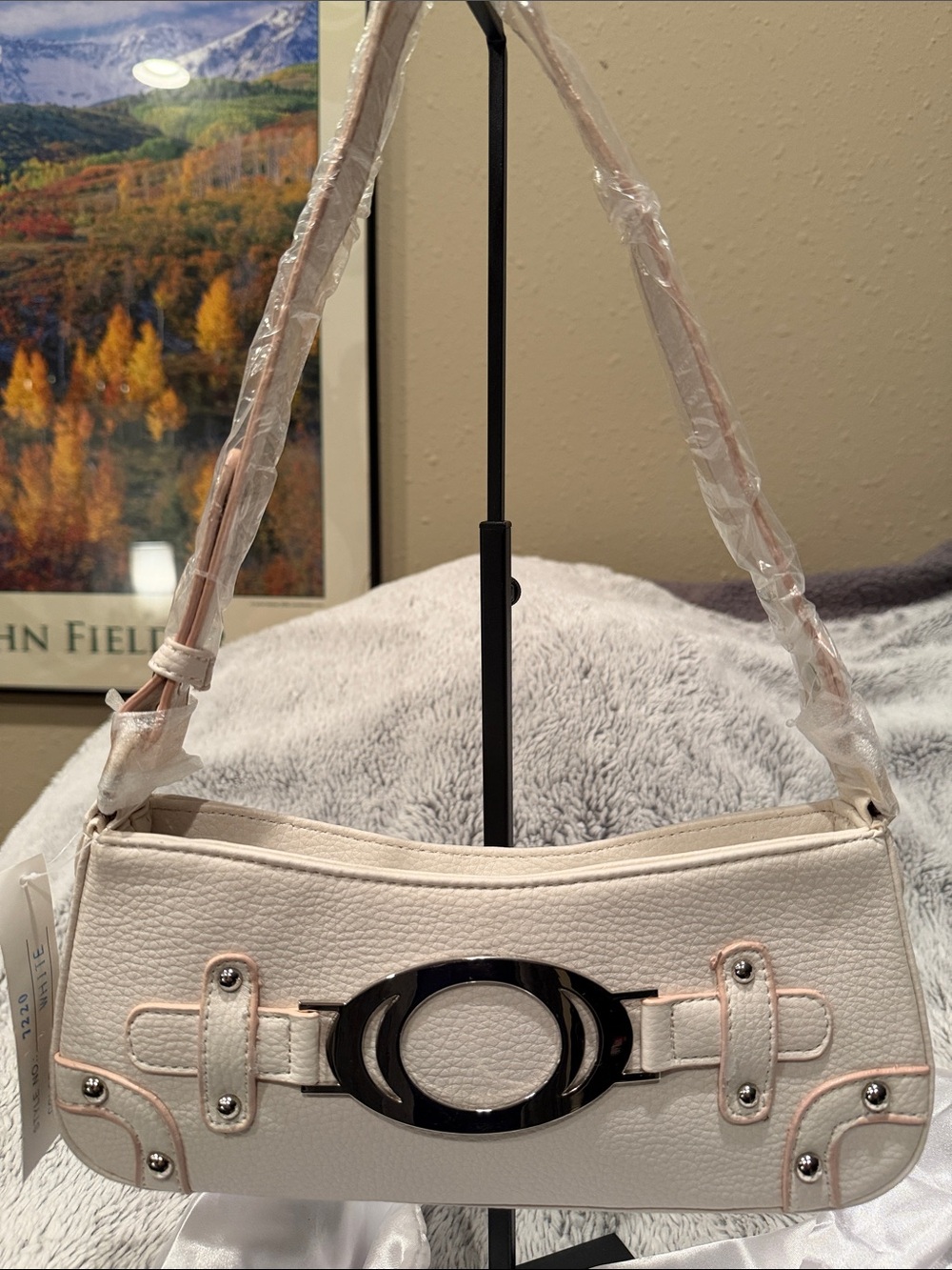White Vegan Leather shoulder bag with pink stitching